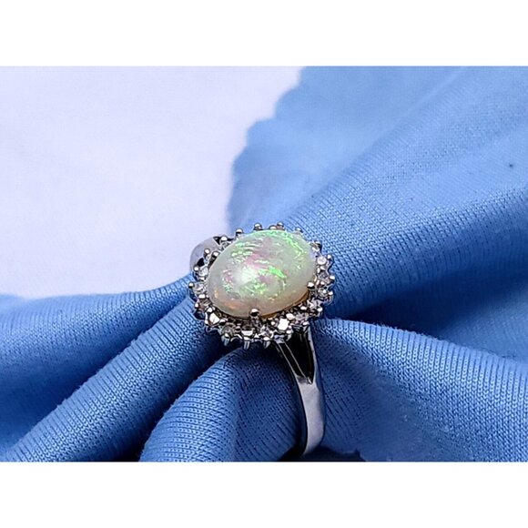 Beautiful 14K Karat Solid White Gold Designer White Opal & Diamond Ring - Size 7 - Picture 6 of 16